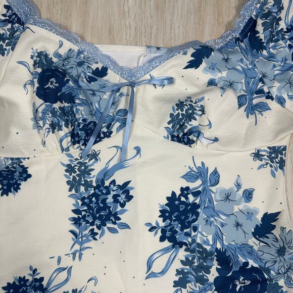 Cider Blue Floral Lace Trim Puff Sleeve Cottagecore Romantic Midi Dress Large - Picture 5 of 14